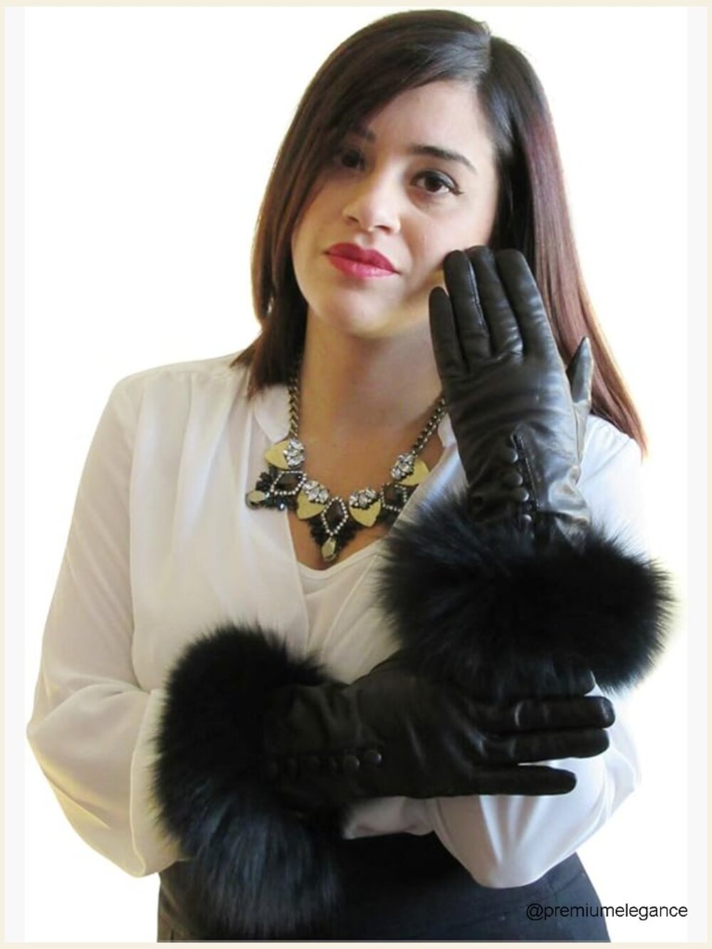 Cashmere Lined Lambskin Leather Gloves with Fox Fur Trim